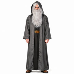 Grey wizard robe adult costume with attached hood for Book Week, medieval, fantasy and Halloween costumes.