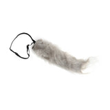 grey wolf tail with white fluffy tip, adjustable elastic band to attach.