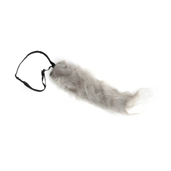 grey wolf tail with white fluffy tip, adjustable elastic band to attach.