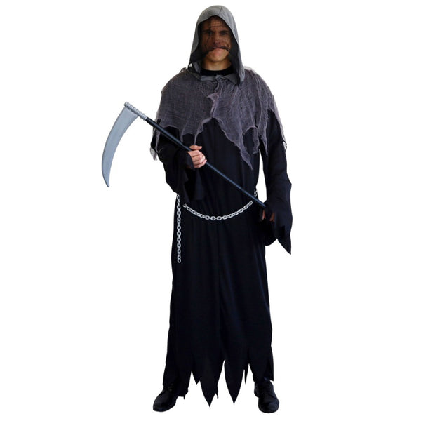 Grim Reaper adult Halloween costume with black hooded robe and chain