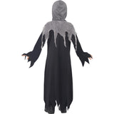 Back view of Grim Reaper child costume with black and grey hooded robe