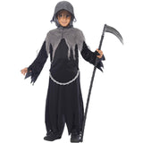 Front view of Grim Reaper child costume with hooded robe and chain belt