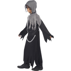 Grim Reaper child costume with black and grey hooded robe chain belt and scythe