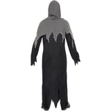 Black and gray hooded costume on a white background