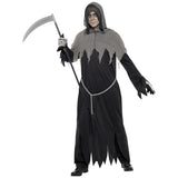 Person wearing a grim reaper costume holding a scythe on a white background