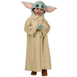 Child wearing official Star Wars Grogu costume with fleece robe and character headpiece