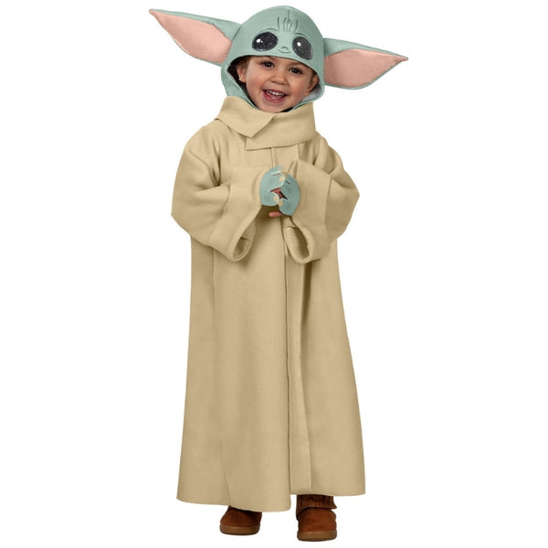 Child wearing official Star Wars Grogu costume with fleece robe and character headpiece