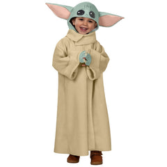 Child wearing official Star Wars Grogu costume with fleece robe and character headpiece