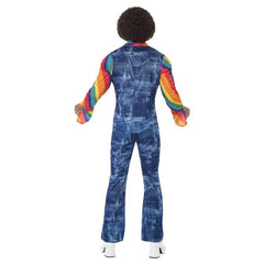 Groovier Dancer Costume, denimeffect jumpsuit with rainbow sleeves and wide collar.
