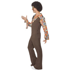 Groovy Boogie Men's 70's Disco Costume, brown jumpsuit with printed collar and sleeves.