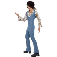 Front view of a men's Groovy Dancer Costume featuring a denim-look, figure-hugging jumpsuit with flared bottoms and an attached geometric print shirt with a wide collar.