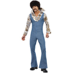 Front view of a men's Groovy Dancer Costume featuring a denim-look, figure-hugging jumpsuit with flared bottoms and an attached geometric print shirt with a wide collar.