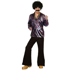Men’s 70s disco shirt with shiny multicoloured print and wide collar
