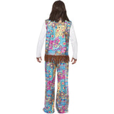 Back view of the Groovy Hippie Men's Costume featuring floral print pants and a white shirt with an attached floral waistcoat. The waistcoat includes fringe detailing along the hemline for a retro 60s/70s look.