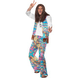  Front view of the Groovy Hippie Men's Costume featuring brightly colored floral flare pants and a white shirt with an attached floral waistcoat, complete with fringe along the hemline for an authentic retro hippie look.