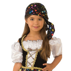 Gypsy girl costume, dress with peasant look blouse and corsel bodice, black skirt with layers of colourful fabrics, coin braid trim at waist.