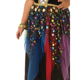 Gypsy girl costume dress with layers of fabric hanging down hankerchief style over black skirt.