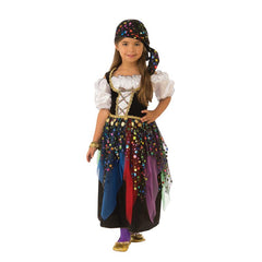 Gypsy girl costume, dress with peasant look blouse and corsel bodice, black skirt with layers of colourful fabrics, coin braid trim at waist.