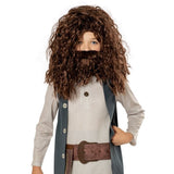 Close up of hagrid costume tunic, wig and beard