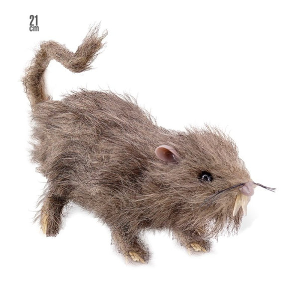 Realistic hairy rat prop with grey fur and curled tail for Halloween decorations