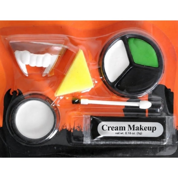 Halloween Make Up Kit – includes black, white, and green face paints, vampire fangs, sponge and brush applicators, perfect for Halloween, cosplay, theatre, and gothic costumes