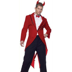 Handsome devil men’s Halloween costume with red velvet jacket and horns for hire in Brisbane