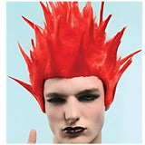 Hard rock red spiky wig, spikes pointing up.