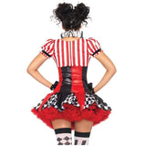 Back view of harlequin clown costume with layered skirt and ruffle detailing for hire Brisbane