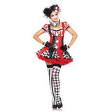 Harlequin clown costume with ruffle trim dress and pom-pom accents for hire in Brisbane