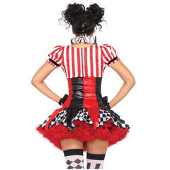 Harlequin clown hire includes drop waisted dress in red and black, stripe and check pattern, neck collar and mini hat.