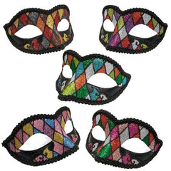 Harlequin Glitter Masks - Asst Colors, ties with ribbons.