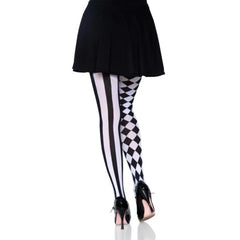 Harlequin Pantyhose - Leg Avenue, black and white, stripe one leg and checkered pattern the other, one size.