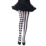 Harlequin Pantyhose - Leg Avenue, black and white, stripe one leg and checkered pattern the other, one size.