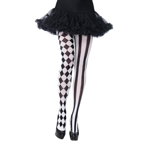 Harlequin Pantyhose - Leg Avenue, black and white, stripe one leg and checkered pattern the other, one size.
