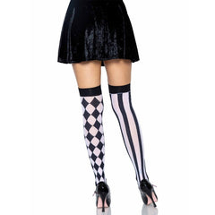 Harlequin Thigh Highs - Leg Avenue, one leg is stripe and the other is diamond print in black and white.