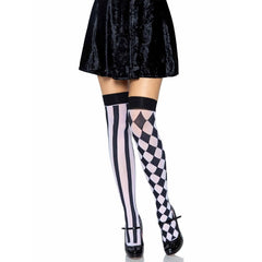 Harlequin Thigh Highs - Leg Avenue, one leg is stripe and the other is diamond print in black and white.