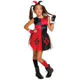 Child wearing an officially licensed Harley Quinn Classic costume with checker dress and jester headpiece