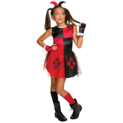 Child wearing an officially licensed Harley Quinn Classic costume with checker dress and jester headpiece