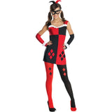 harley quinn costume for teens, dress in black and red with diamond print.