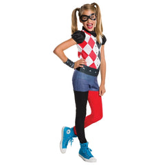 Child wearing an officially licensed Harley Quinn DC Super Hero Girls costume with jumpsuit and mask