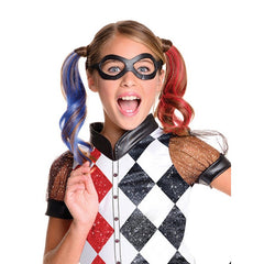 Child wearing an officially licensed Harley Quinn DC Super Hero Girls Deluxe costume with glitter bodice, leggings and character mask