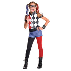 Child wearing an officially licensed Harley Quinn DC Super Hero Girls Deluxe costume with glitter bodice, leggings and character mask