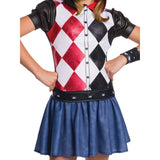 Harley Quinn Kids Costume close-up of printed belt and attached denim-look  skirt.