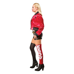 Harley Quinn deluxe adult costume with red jacket, black shorts, stockings, and belt – DC Comics cosplay outfit.