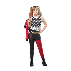 Child wearing an officially licensed Harley Quinn Deluxe costume with satin jacket and red and black leggings