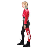 Harley quinn costume showing the "quinn" print on tights