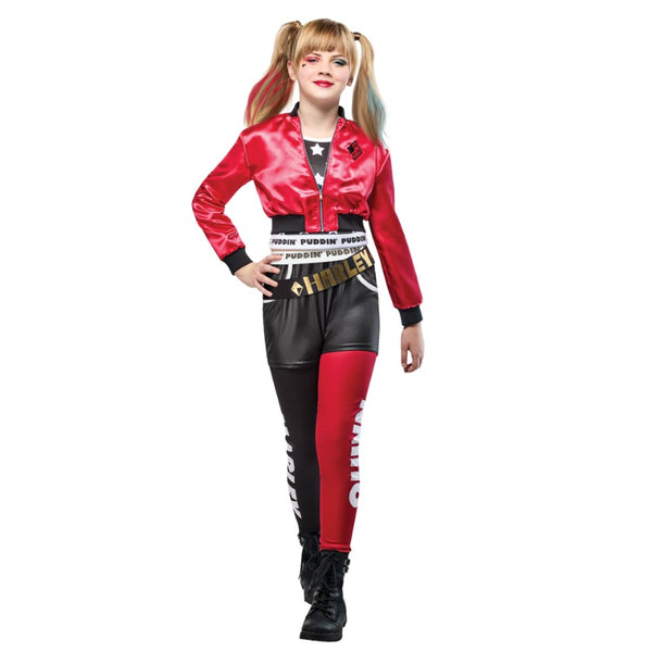 Harley Quinn deluxe child costume with red jacket, black shorts, red and black leggings, and belt – DC Comics outfit.