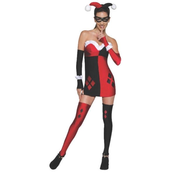 Front view of Harley Quinn dress with glovelets, stockings, and jester headband