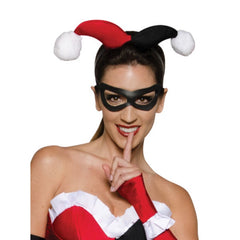 Front view of Harley Quinn dress with glovelets, stockings, and jester headband