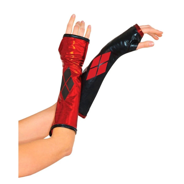 harley quinn gauntlets in black and red with diamond print.